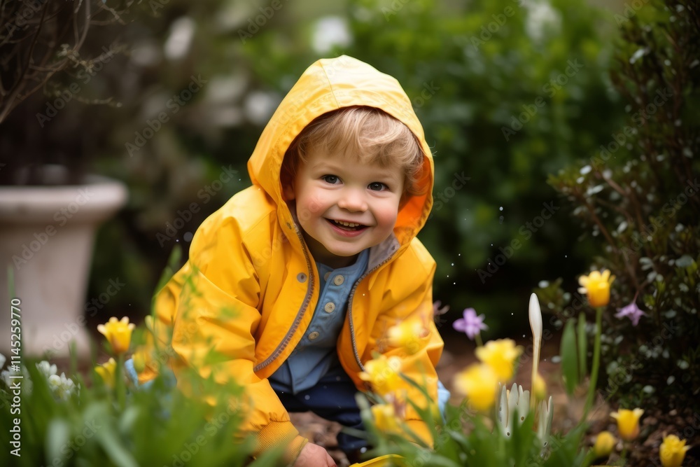 Portrait of cute little boy in yellow raincoat looking at camera and smiling while sitting in the garden Portrait of cute little boy in yellow raincoat looking at camera and smiling while sitting in the garden