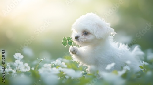 A tiny Maltese puppy with soft white fur holding a four-leaf clover sniffing curiously in a bright floral garden. photo