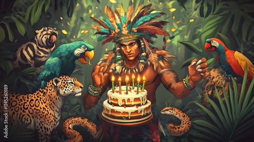 A tribal warrior with a feathered headdress holding a ceremonial birthday cake surrounded by wolves ravens and deer. Caricature style. photo