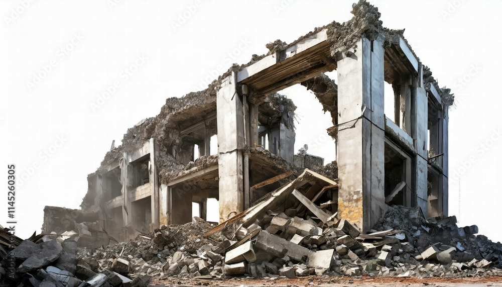 Wrecked Building Panorama with Concrete Debris and Huge Beam on Isolated White Background A Captivating Visual of Urban Decay and Structural Collapse in High Resolution Wrecked Building Panorama with Concrete Debris and Huge Beam on Isolated White Background A Captivating Visual of Urban Decay and Structural Collapse in High Resolution