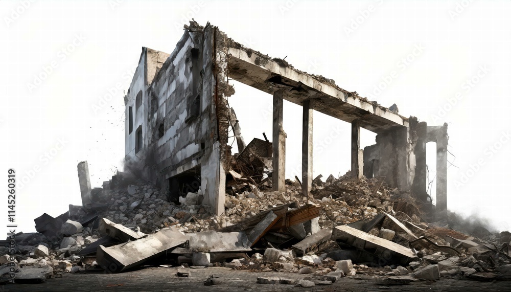 Wrecked Building Panorama Featuring Concrete Debris and a Massive Beam on an Isolated White Background A Striking Visual of Urban Decay and Architectural Ruins Wrecked Building Panorama Featuring Concrete Debris and a Massive Beam on an Isolated White Background A Striking Visual of Urban Decay and Architectural Ruins
