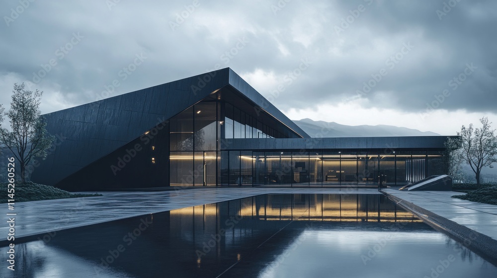 Modern architectural design featuring a sleek, angular building by a reflective pool. Modern architectural design featuring a sleek, angular building by a reflective pool.