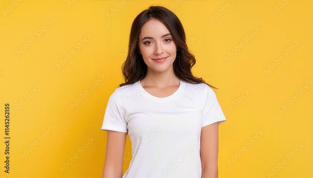 Young Woman in Bella Canvas White Shirt Mockup Against a Bright Yellow Background Perfect for TShirt Design Templates and Fashion Inspiration Young Woman in Bella Canvas White Shirt Mockup Against a Bright Yellow Background Perfect for TShirt Design Templates and Fashion Inspiration