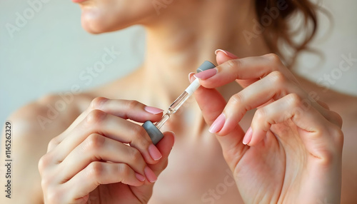 A pair of elegant female hands carefully holding a serum pipette above a sleek glass bottle, gently dispensing a drop v3
