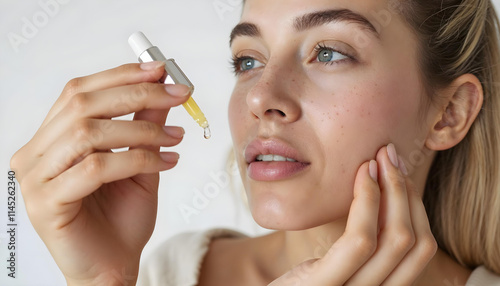 A pair of elegant female hands carefully holding a serum pipette above a sleek glass bottle, gently dispensing a drop v6