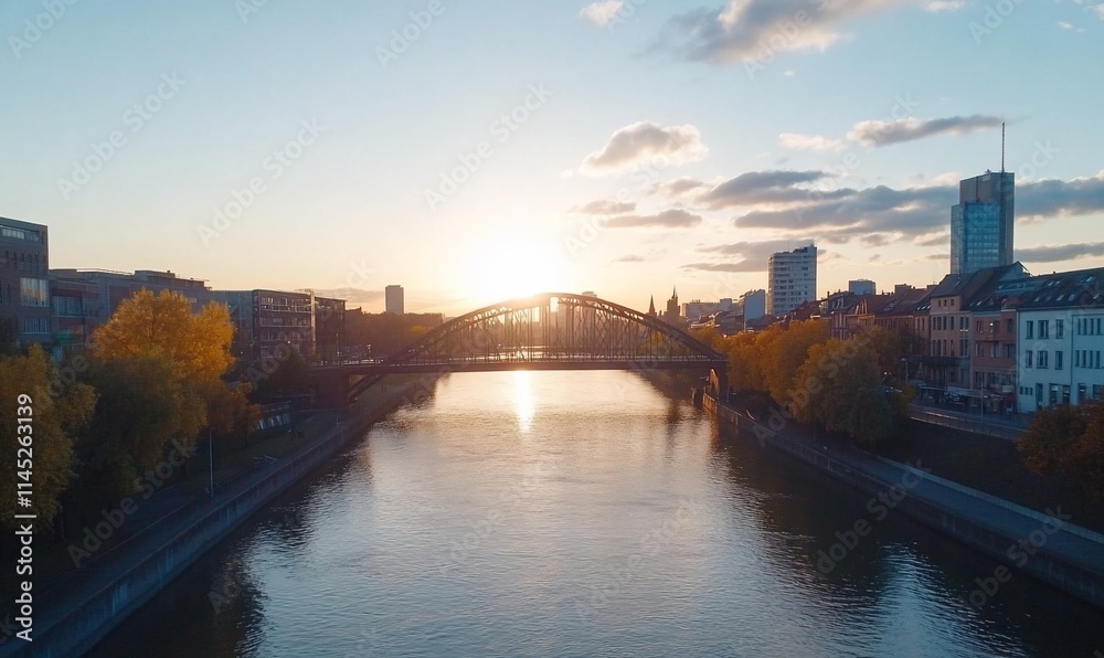 Fototapeta premium Sunset over river with bridge and city skyline.