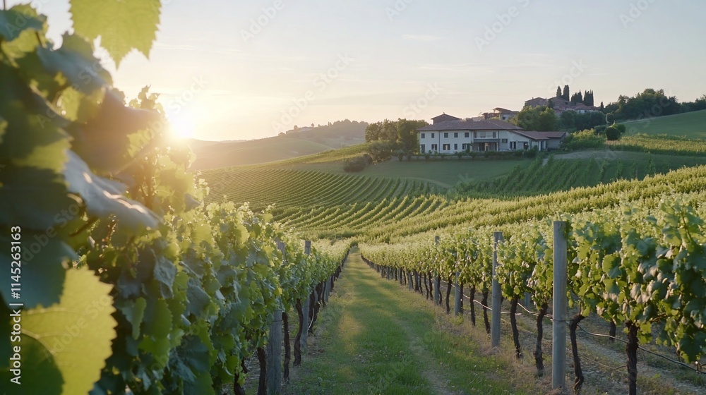 Naklejka premium Sunset over idyllic vineyard rows leading to a farmhouse.