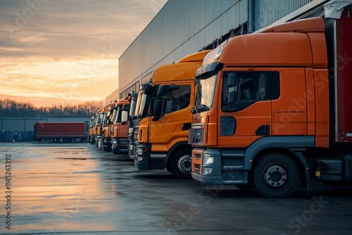 Wallpaper Mural A line of trucks is parked in a lot outside a modern warehouse, ready for cargo transport under a sunset sky Torontodigital.ca