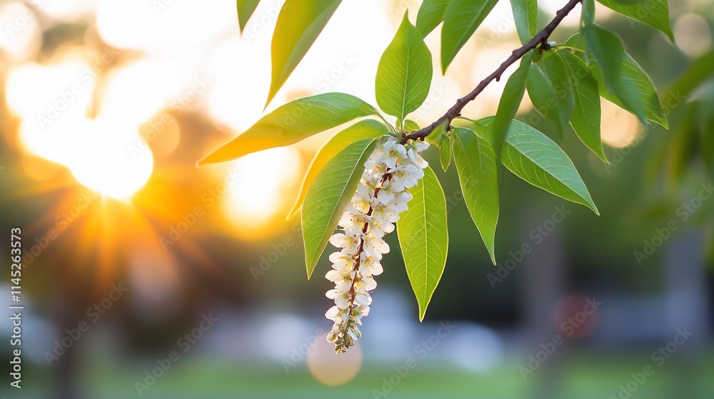 Fototapeta premium Sunset illuminates blooming branch with delicate white flowers and vibrant green leaves.
