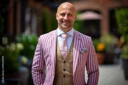 Portrait of a handsome bald man in a pink suit and bow tie photo