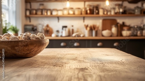 Imagen de cocina moderna con mesa de madera y frascos