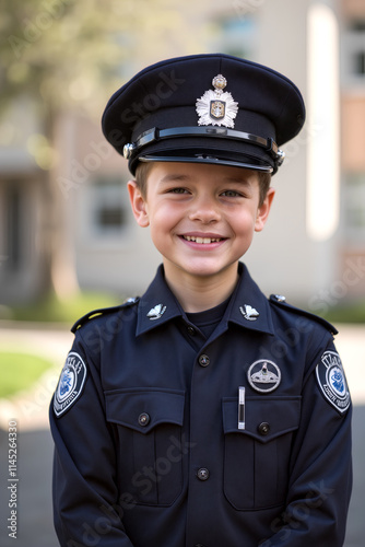 A cheerful young boy wearing a police uniform poses confidently outside a building, showcasing his enthusiasm for law enforcement - Generative AI photo