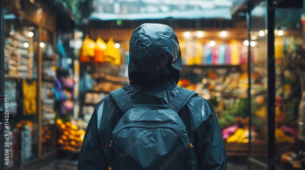 A person in a raincoat stands in a vibrant market, surrounded by colorful goods. A person in a raincoat stands in a vibrant market, surrounded by colorful goods.