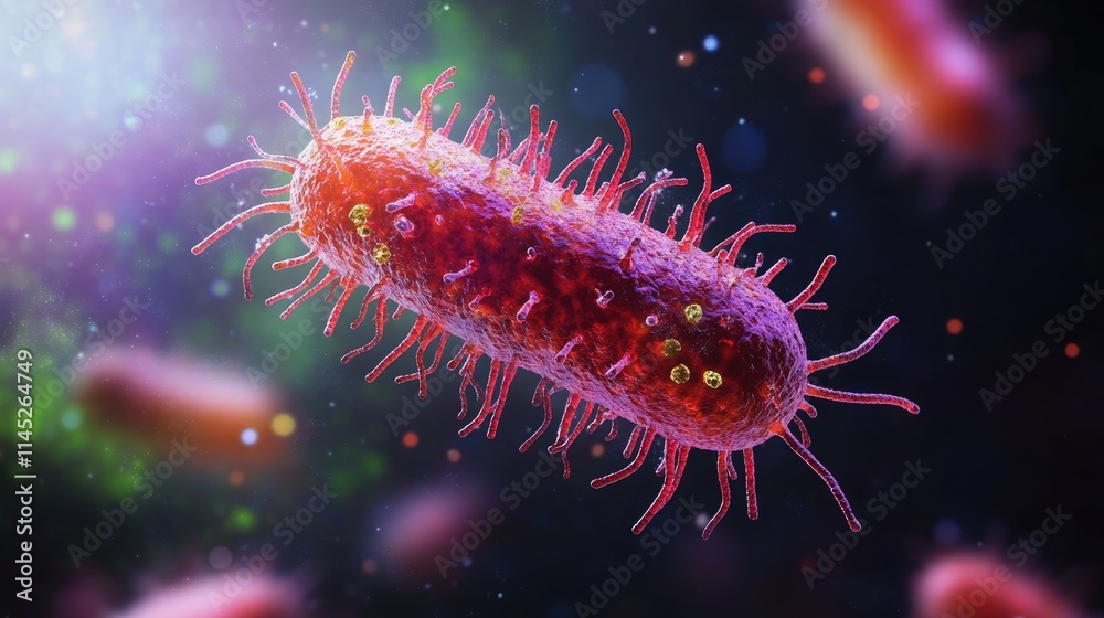 Isolated close-up of a bacterium with detailed flagella and 3D textures, bacteria, cellular microbiology Isolated close-up of a bacterium with detailed flagella and 3D textures, bacteria, cellular microbiology