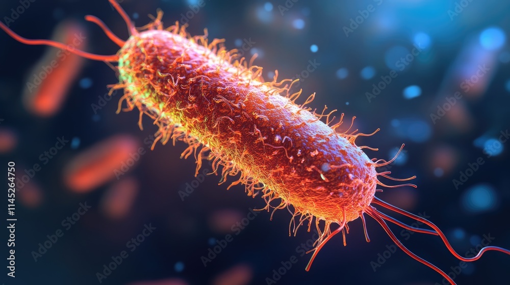 Isolated close-up of a bacterium with detailed flagella and 3D textures, bacteria, cellular microbiology Isolated close-up of a bacterium with detailed flagella and 3D textures, bacteria, cellular microbiology