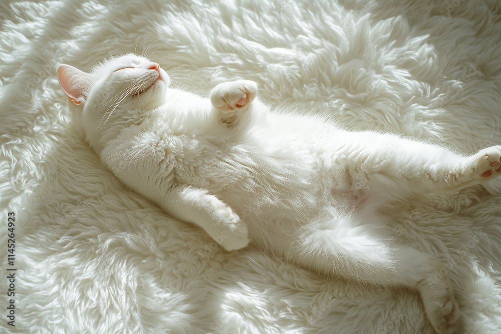 White cat stretches lazily on a soft fluffy rug in a sunlit room, enjoying a peaceful moment of relaxation and warmth White cat stretches lazily on a soft fluffy rug in a sunlit room, enjoying a peaceful moment of relaxation and warmth