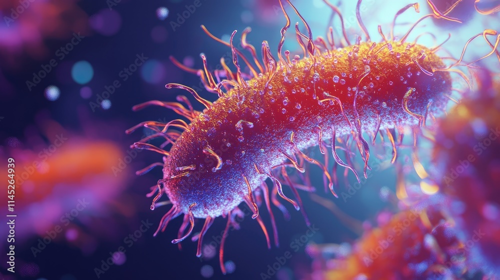Isolated close-up of a bacterium with detailed flagella and 3D textures, bacteria, cellular microbiology Isolated close-up of a bacterium with detailed flagella and 3D textures, bacteria, cellular microbiology