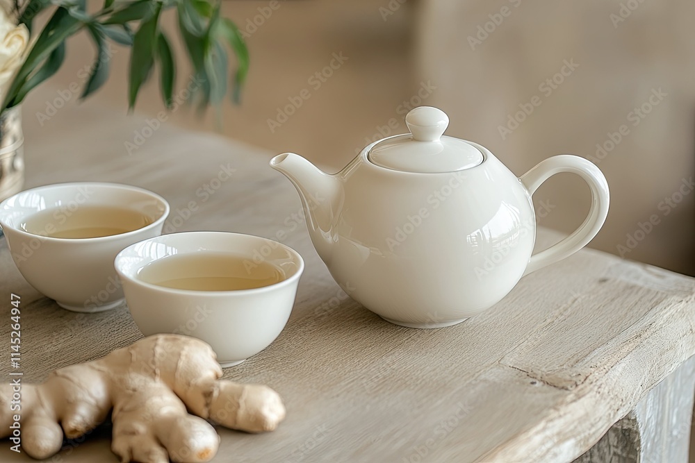 elegant white teapot and hot tea set of cups with ginger on the beige wooden table elegant white teapot and hot tea set of cups with ginger on the beige wooden table
