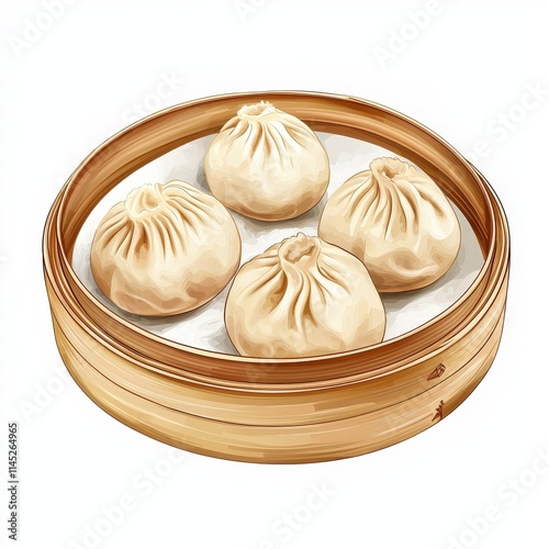 Chinese steamed pork buns national cuisine dish isolated on white background, colorful cartoon illustration photo