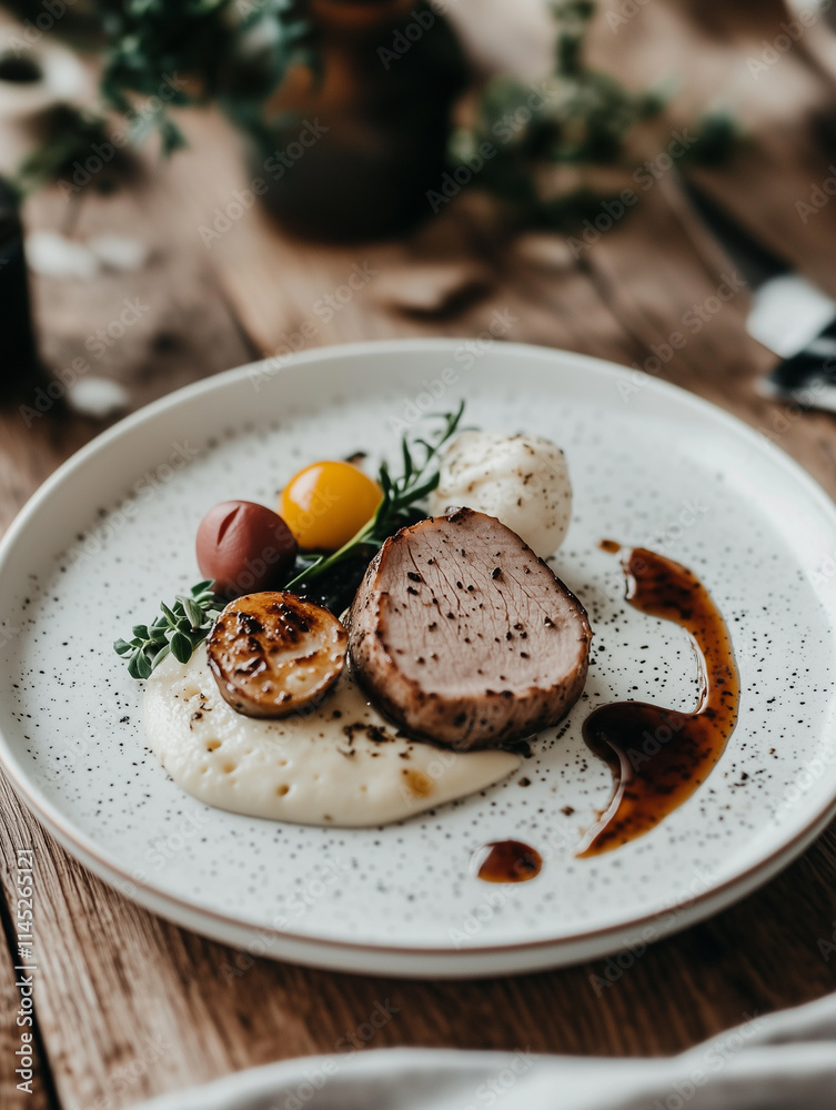 Minimalist culinary art on a white plate showcasing tender meat, fresh herbs, and vibrant garnishes in a rustic setting Minimalist culinary art on a white plate showcasing tender meat, fresh herbs, and vibrant garnishes in a rustic setting