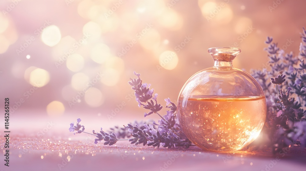A single round glass bottle filled with a golden oil blend copper flakes and lavender flowers glowing under soft light on a pastel pink surface. A single round glass bottle filled with a golden oil blend copper flakes and lavender flowers glowing under soft light on a pastel pink surface.