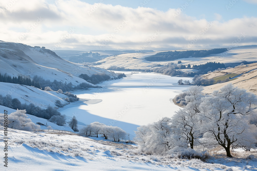 Winter landscape featuring a frozen white lake surrounded by snow-covered hills and frosted trees under a bright sky Winter landscape featuring a frozen white lake surrounded by snow-covered hills and frosted trees under a bright sky