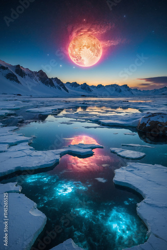 Reflective ice landscape, glowing blue fissures, and auroras enveloping a majestic golden planet photo