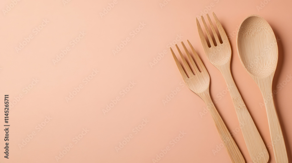 Biodegradable bamboo cutlery set artistically arranged on an earthy-toned background with empty space for text. Minimalistic eco-friendly design concept. Biodegradable bamboo cutlery set artistically arranged on an earthy-toned background with empty space for text. Minimalistic eco-friendly design concept.