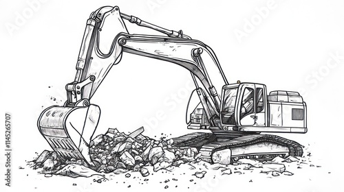Excavator digging rubble, detailed sketch illustration.
