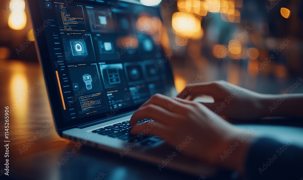 A person typing on a laptop displaying various digital interfaces and data. A person typing on a laptop displaying various digital interfaces and data.