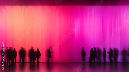 Blurred silhouettes of people against a vibrant pink and orange gradient curtain backdrop. Event and networking concept with modern design. Perfect for poster, banner, and advertisement.