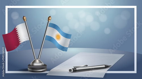 Qatar and Argentina National flags on small table with bokeh background, cooperative relationship.....
