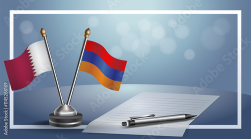 Qatar and Armenia National flags on small table with bokeh background, cooperative relationship.....