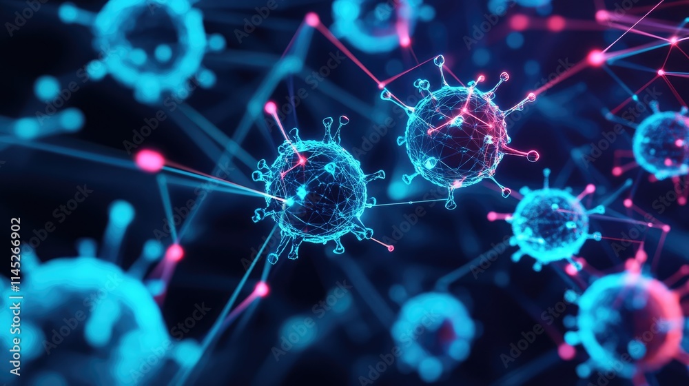 Obraz premium Pathogen network interconnected with neon bio-hacking symbols, pathogens, futuristic biosecurity