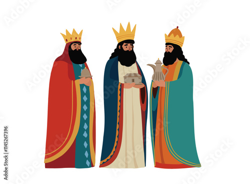 Christmas greeting card, invitation. Biblical Three kings Caspar, Melchior, Balthazar bringing gifts isolated on background. Dia de Reyes holiday. Happy epiphany. Vector illustration. Christianity 