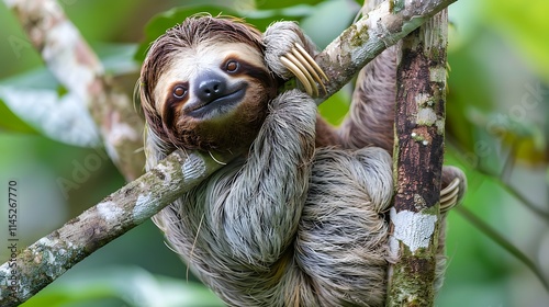 Charming Portrait of a Bradypus Variegatus (Brown-Throated Sloth), Capturing the Endearing Expression and Slow-Moving Grace of This Unique Creature photo