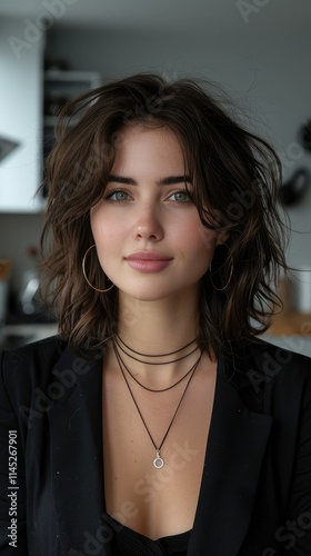 Portrait of a young woman with wavy brown hair, wearing a black blazer and necklaces.