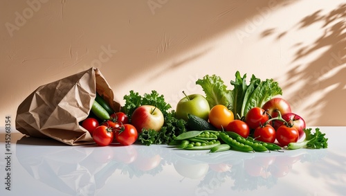 Vibrant flatlay image featuring a mouthwashing vegetables and fruit spill out from paperbag 