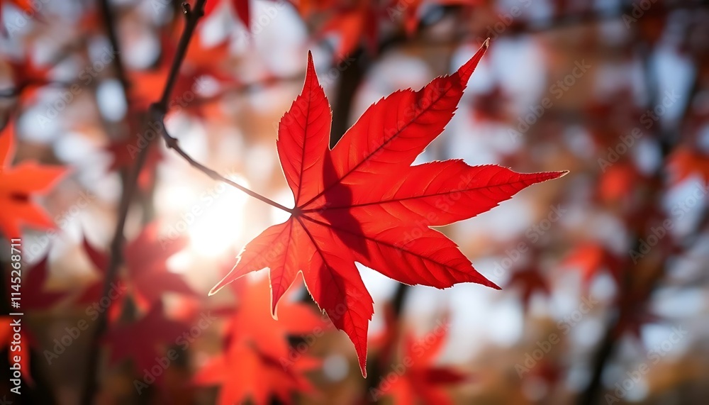 Radiant Red Maple Leaf in Autumn Sunlight Glowing Forest Radiant Red Maple Leaf in Autumn Sunlight Glowing Forest