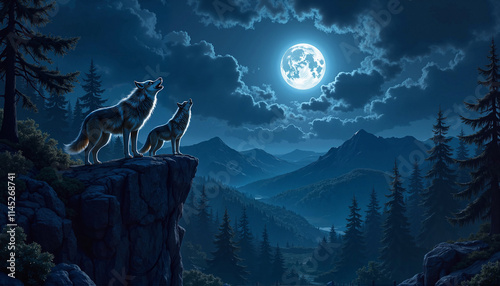 Wolves howling on a moonlit cliff, dark forest, World Wildlife Day