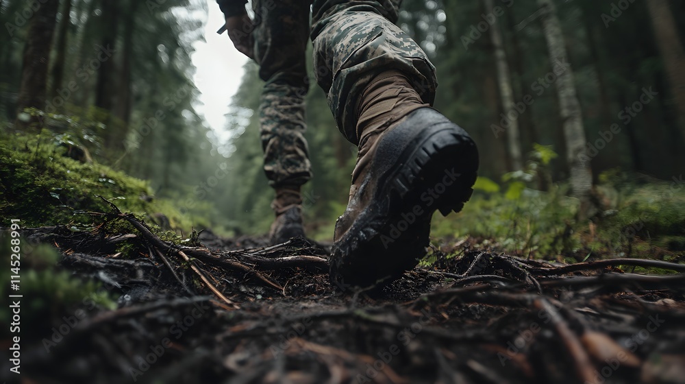 A soldier stepping over roots as he drags his parachute in a forest clearing. A soldier stepping over roots as he drags his parachute in a forest clearing.