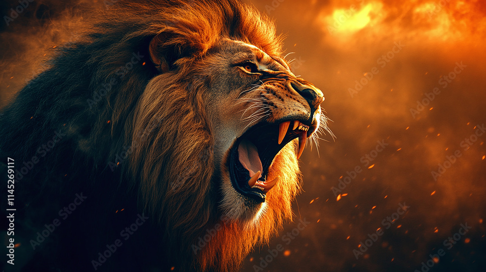 Fototapeta premium Side view closeup photography of a roaring big and dangerous male lion and, wild cat animal in the savanna or safari wilderness during summer sunset.