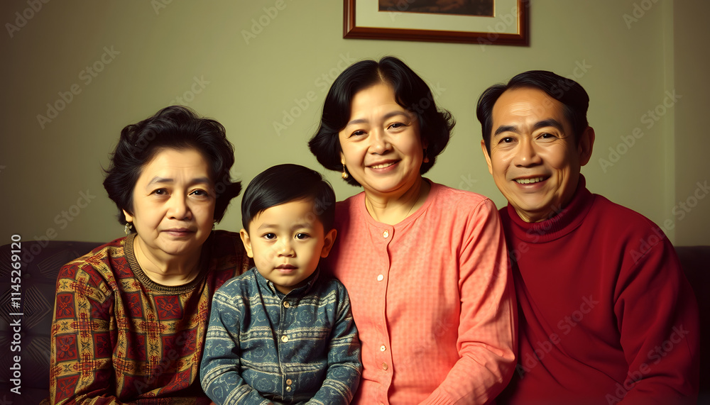 Three generations of the family. Photo in old color image style, Colored gel lighting, with white tones Three generations of the family. Photo in old color image style, Colored gel lighting, with white tones