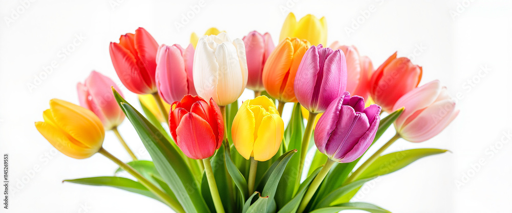Fototapeta premium Colorful tulip bouquet against white background