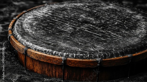 Traditional Cultural Instruments Irish bodhran drum with a wooden frame and goatskin head Isolated solo on plain background photo