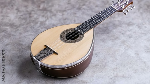 Traditional Cultural Instruments Greek bouzouki with a long neck and metal strings for folk music Isolated solo on plain background photo