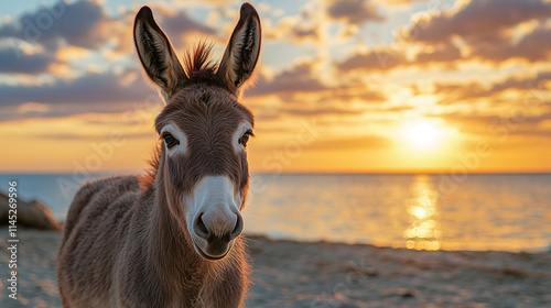 Beautiful young brown domestic donkey or mule animal close up face portrait photography, standing on the sand beach during the golden hour sunset sky with clouds, ocean or sea waves in the background. photo