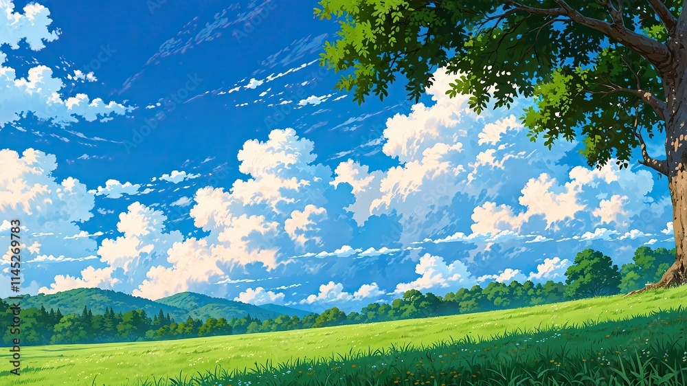 Fototapeta premium Anime background illustration scene of lush green grass on savannah with clear blue sky and hill as background 