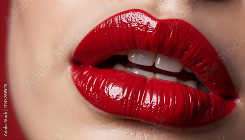 Beauty woman lips - applies a vibrant red lipstick - makeup glamour photo v2
