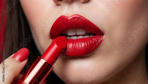 Beauty woman lips - applies a vibrant red lipstick - makeup glamour photo v4
